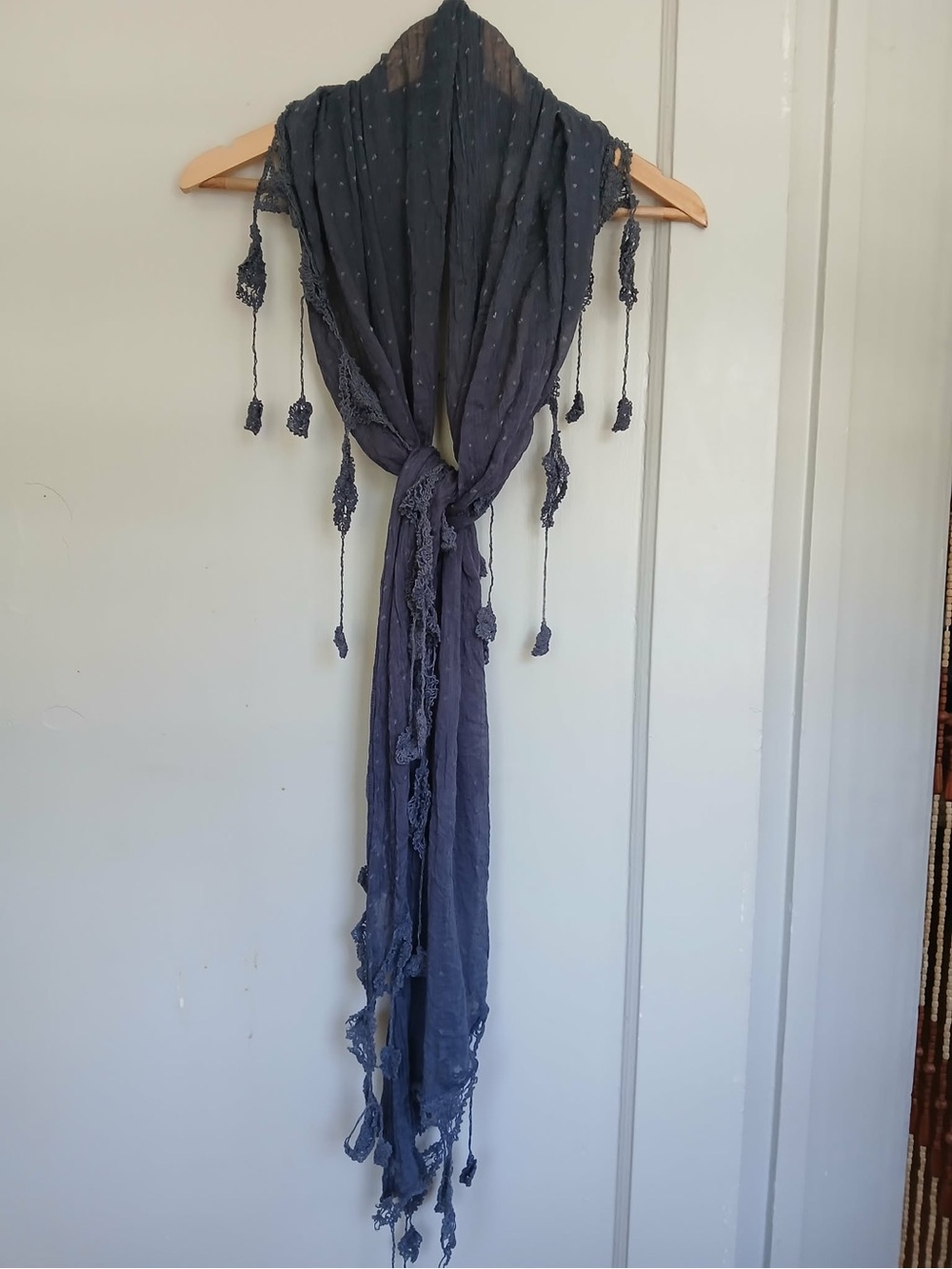 Elegant Blue Gray-Toned Tassel Trapeze Scarf - Crochet Accent